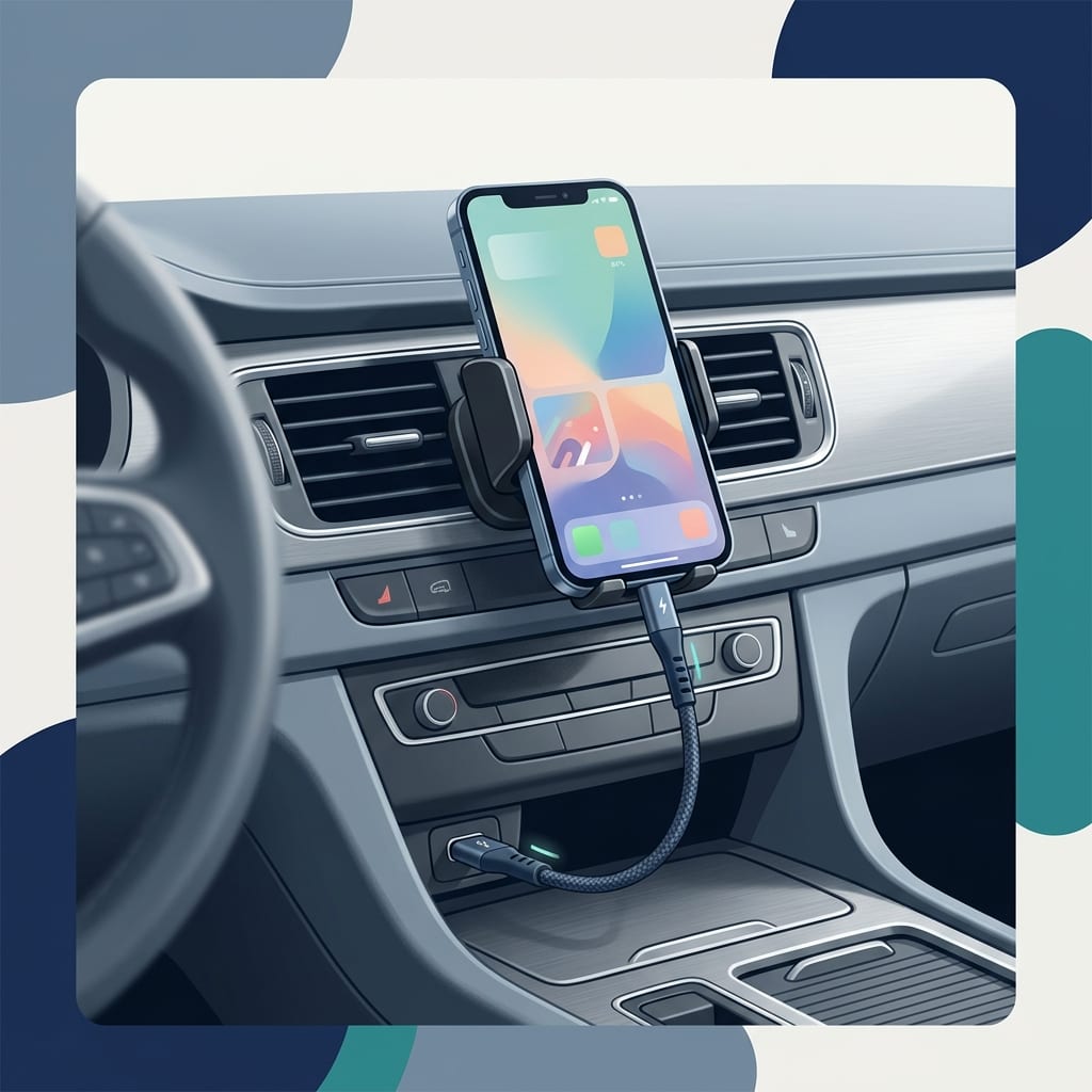 Telefon w uchwycie i kabel USB-C w kokpicie — stabilne połączenie do Android Auto