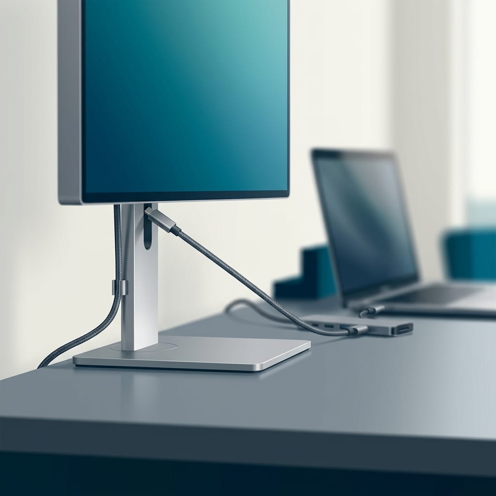 Jeden przewód od monitora w stronę laptopa — kabel USB-C do obrazu i zasilania