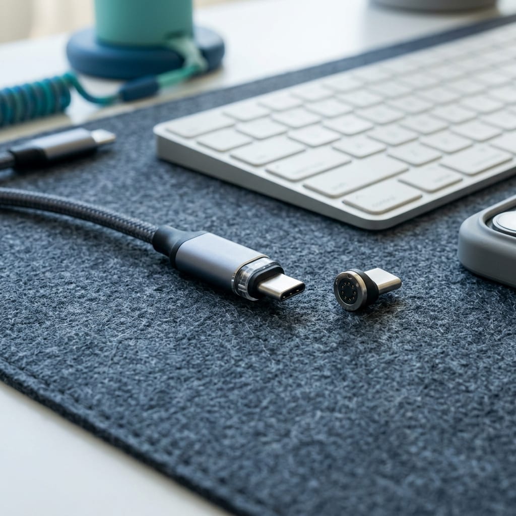 Zbliżenie na magnetyczną końcówkę USB-C — wygodne odłączanie i ostrożność przy wyższej mocy