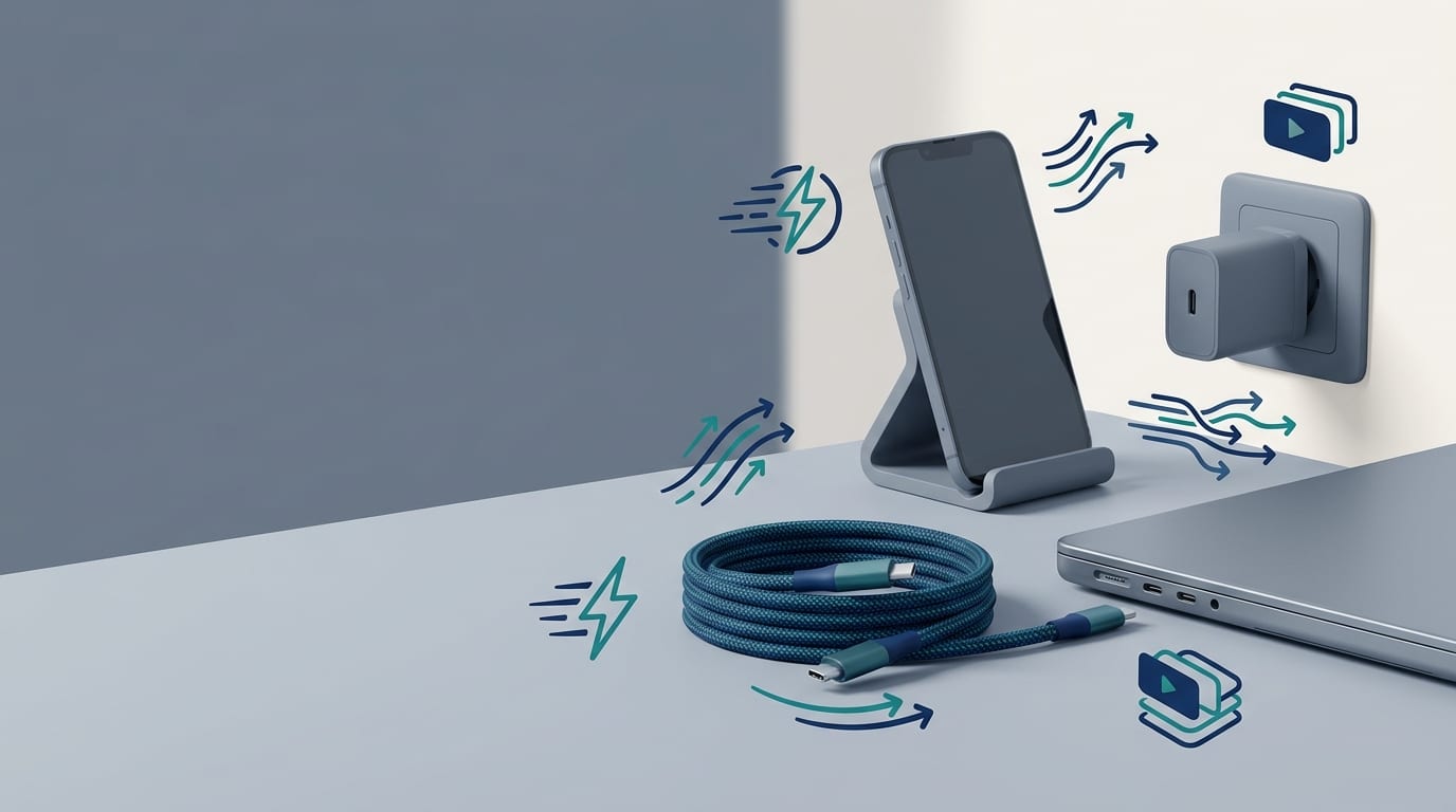 Spokojna scena biurkowa z dobrej jakości kablem USB-C, laptopem i telefonem — USB-C to nie tylko kształt złącza