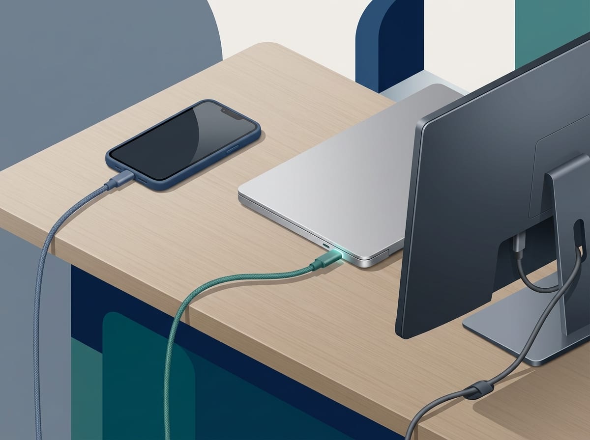 Stanowisko z telefonem, fragmentem laptopa i kablem do monitora — jedno złącze, różne wymagania urządzeń