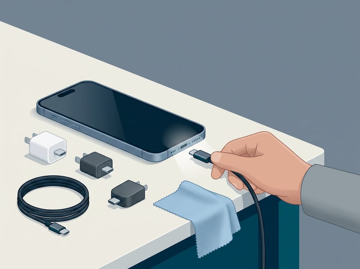 Diagnoza ładowania — telefon, zapasowe małe ładowarki i kabel USB-C ułożone do sprawdzania po kolei