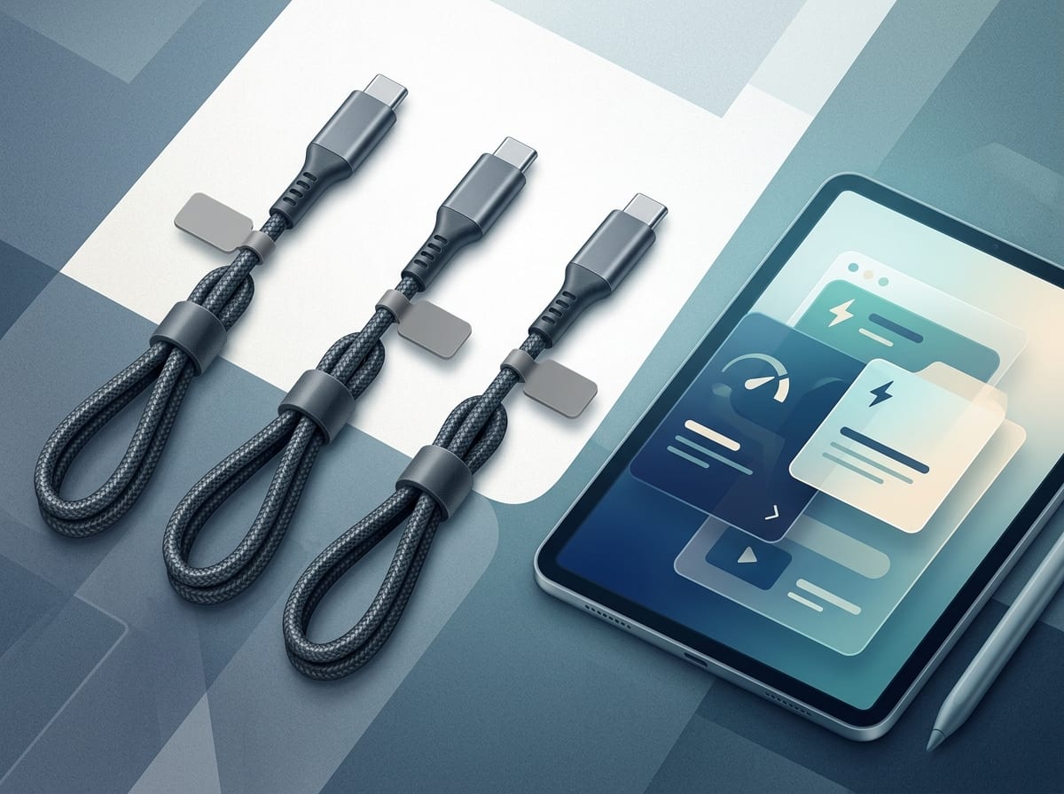 Kable USB-C obok siebie — podobny konektor, różne standardy danych, mocy i obrazu